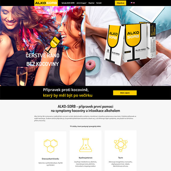 Alko-sorb - landing-page первой помощи при симптомах похмелья и алкогольной интоксикации в Праге